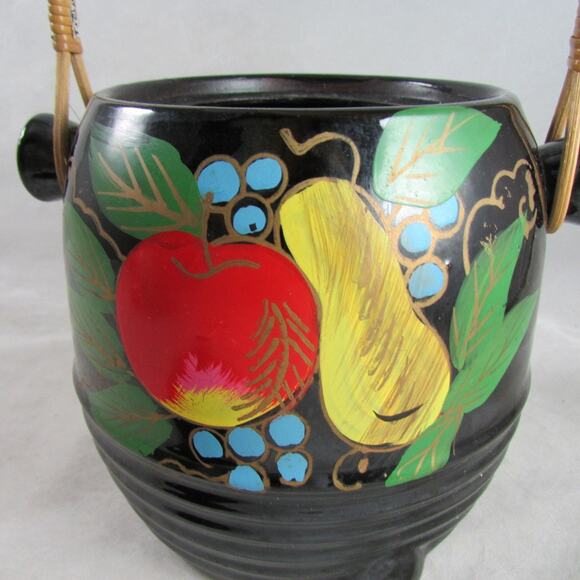 Footed Biscuit Jar Black Glazed Terracotta Fruit Motif Japan Wicker Handle - Picture 6 of 9